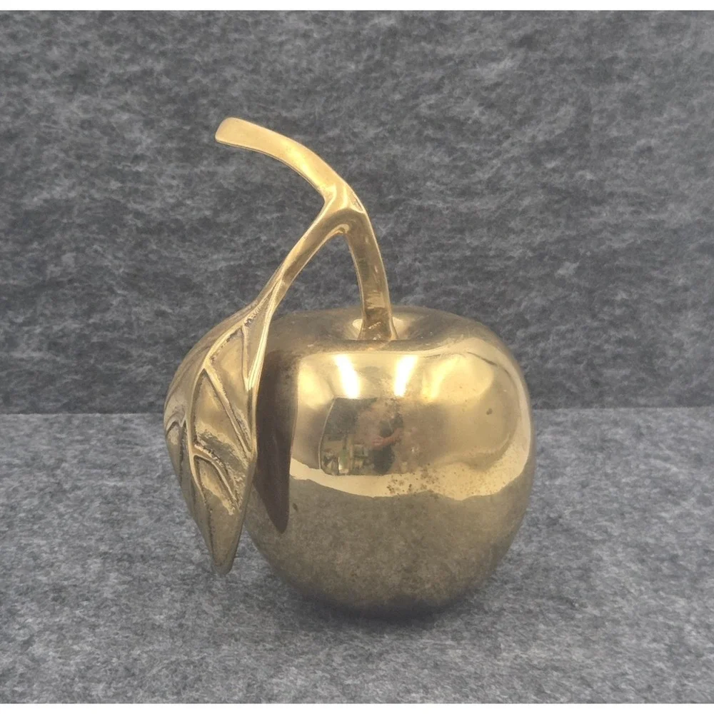 Vintage Brass Apple Bell Paper Weight Solid w/ Clapper Stem & Leaf Small Teacher